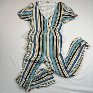 Jodifl Short Sleeve Pants Jumpsuit Womens Sz Small Blue Yellow Striped Surplice